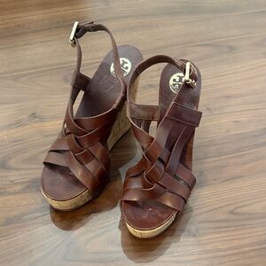 Tory Burch Brown Leather Wedge Sandals